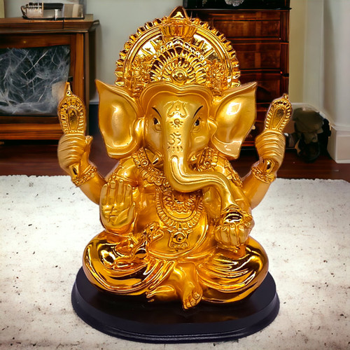 Exotic Gold Mukut Ganesh Ji Statue - 9"