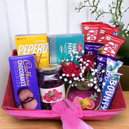 Chocolate Items, Cranberry & Drops Filled of Floral Printed Box Chocolate Items, Cranberry & Drops Filled of Floral Printed Box