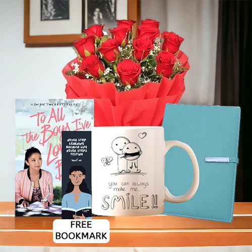 Book Hamper with Freebookmark & Red Roses, Mug, Notebook