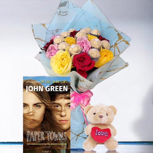 Paper Towns by John Green With Rocher Delight & Mixed Roses & Teddy Bear
