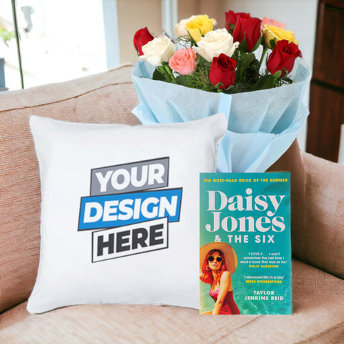 Customised Cushion With Bunch of Roses & Book By Taylor Jenkins Reid