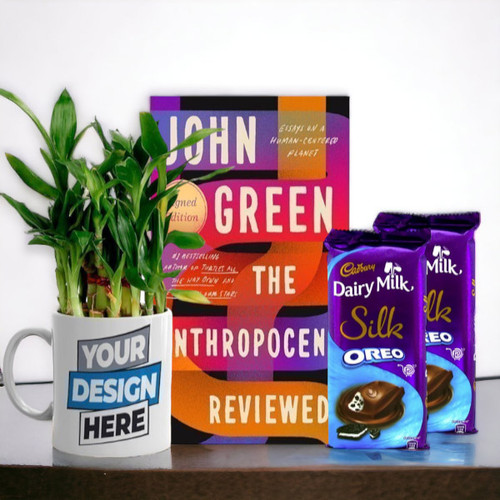 Lucky Bamboo Plant in Mug With Dairy milk & Book by John Green