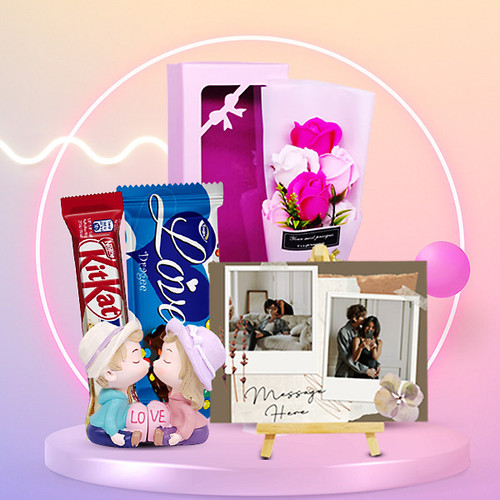 Couple Gifts Hamper With Chocolates, Personalized Photo Frame & Rose Bunch in Beautiful Box