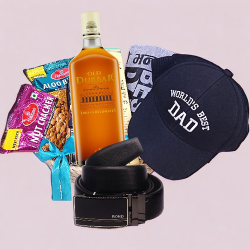 Father's Day Present With T-shirt, Belt, Old Durbar, Namkeens & Best Dad Cap