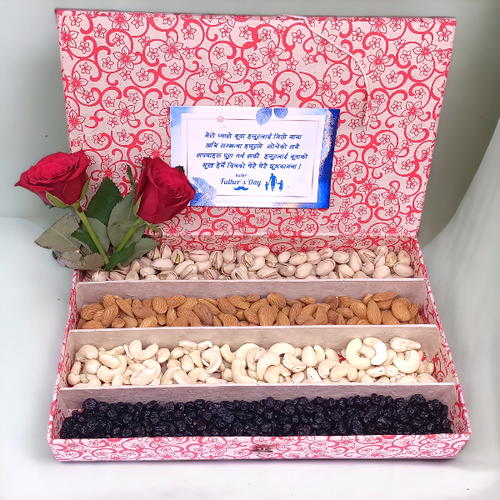 Father's Day Card With Red Roses & Mixed Dry Nuts in a Box Gift Hamper