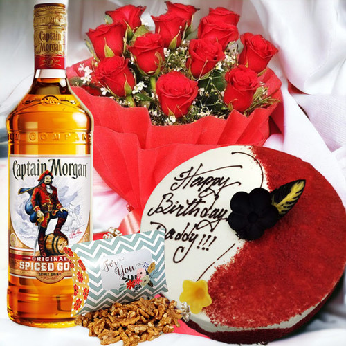 Captain Morgan Hamper with Cakes, Dry Nuts & Roses Captain Morgan Hamper with Cakes, Dry Nuts & Roses