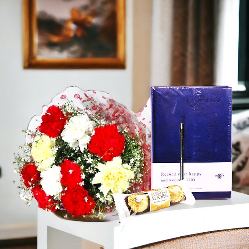 10 Colourful Carnations Bouquet With Diary, Pen & Ferrero Chocolate