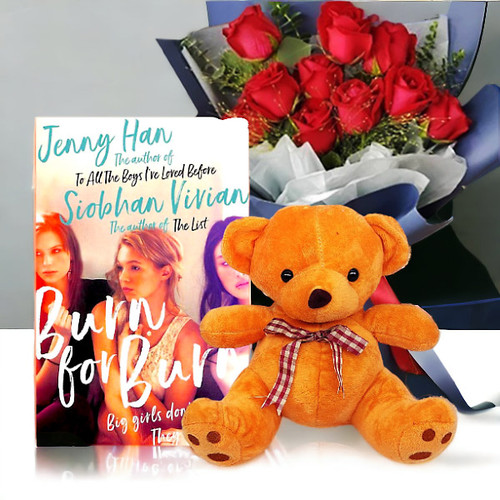 Rose Bunch,Cute Teddy Bear & Book Hamper