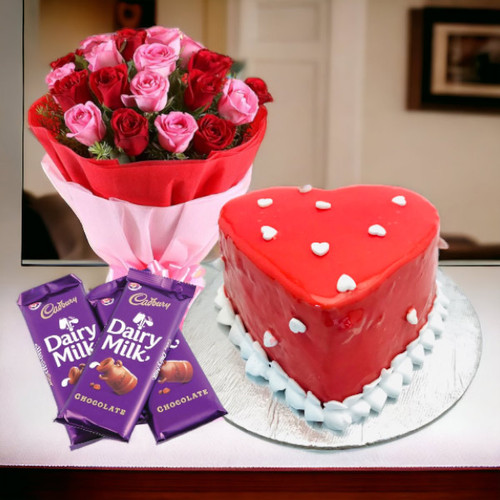 Red Heart Shaped Cake with Roses & Dairy Milk Chocolate