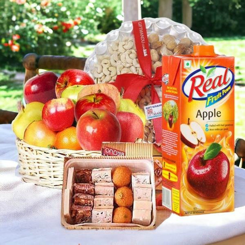 Fresh Fruit Basket, Dry Nuts, Mithai & Juice Combo