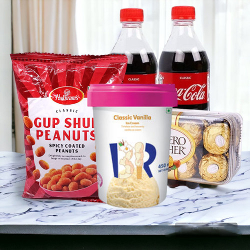 Haldiram's Spicy Coated Peanuts With Baskin Robbins Ice-cream, Ferrero Chocolate & Coke