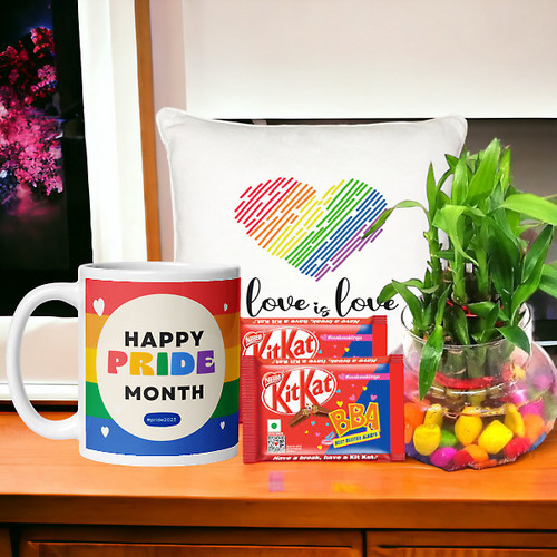 Pride Month Gift Hamper With Cushion, Mug, Chocolates & Lucky Bamboo Plant