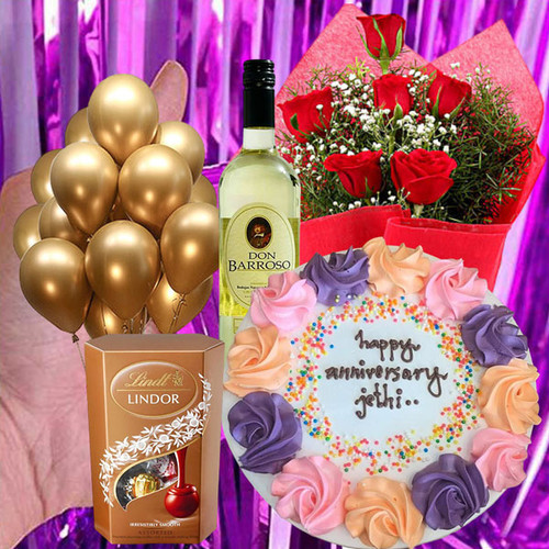 Sweet Wine Hamper with Cake, Balloons & Roses Sweet Wine Hamper with Cake, Balloons & Roses