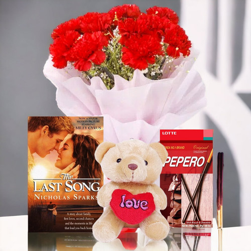 10 Red Carnations Bouquet With Love Teddy, Book & Pepero Chocolate