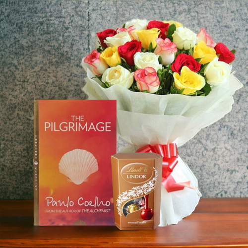 20 Multi-Color Long Stem Roses With Book & Lindt Chocolate 20 Multi-Color Long Stem Roses With Book & Lindt Chocolate