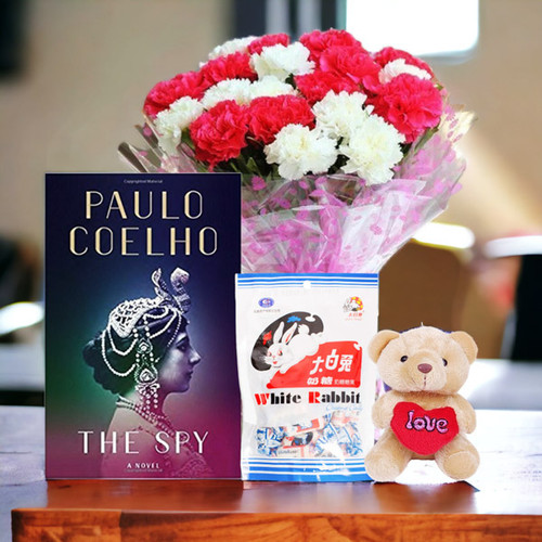 White Rabbit Creamy Candy With Book, Carnations Bouquet & Teddy