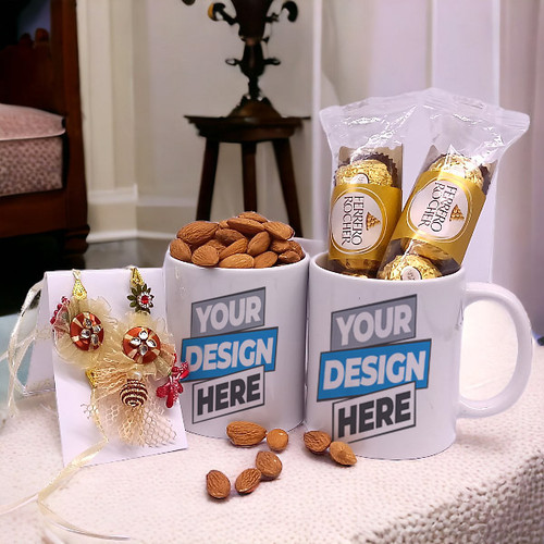Personalized Mug with Dry Nuts, Ferrero & Rakhi Hamper