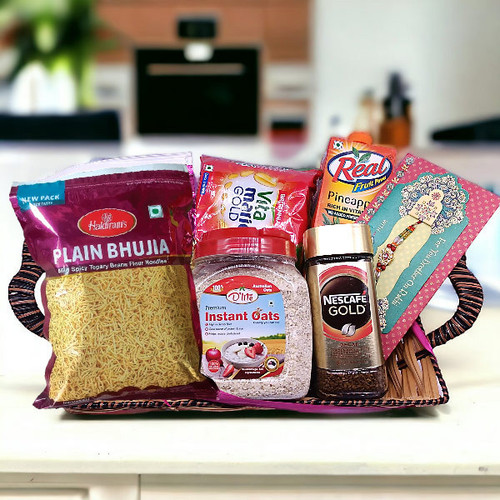 Joyful Rakhi Celebration Pack: Greeting Card, Nescafe Oats & Juice Combo