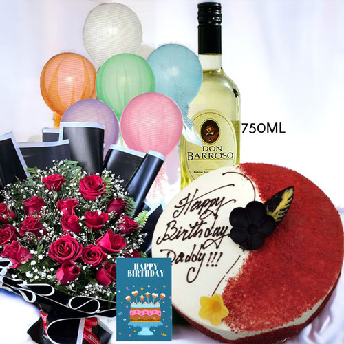 Don Barroso wine With Cake, Roses, Card & Balloon