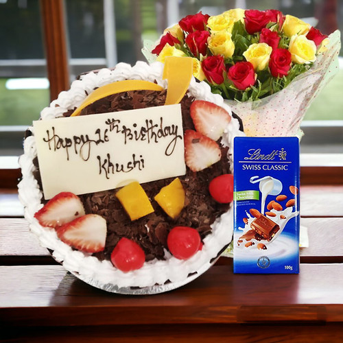 Lindt Swiss Classic Chocolate With Delicious Cake & Rose Bunch