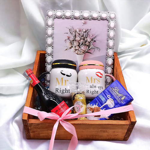 Couple Mr & Mrs Beautiful Mug With Chocolates, Wine & Photo Frame Gift Hamper