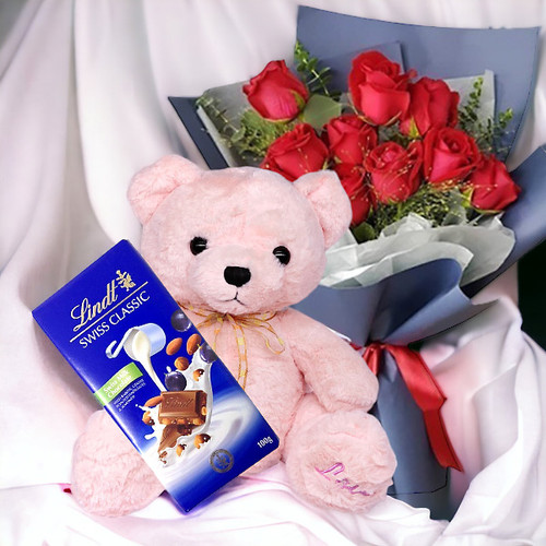 Fluffy Pink Teddy With Roses Bunch & Chocolate Hamper