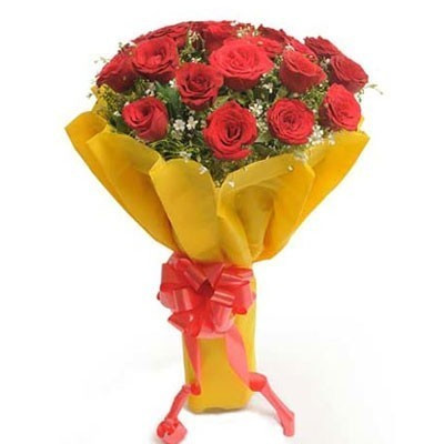 Lovely 18 Red Roses Bouquet Yellow Wrapper
