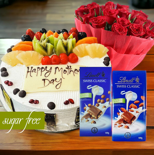 Sugar Free Cake With Lindt Chocolates & Roses Bunch