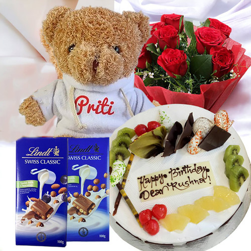 Brown Teddy Bear With Rose, Chocolates & Yummy Cake