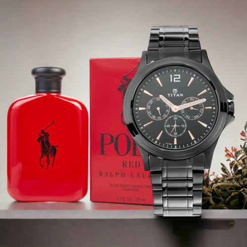 Polo Red Ralph Perfume with Titan Black Watch for Men