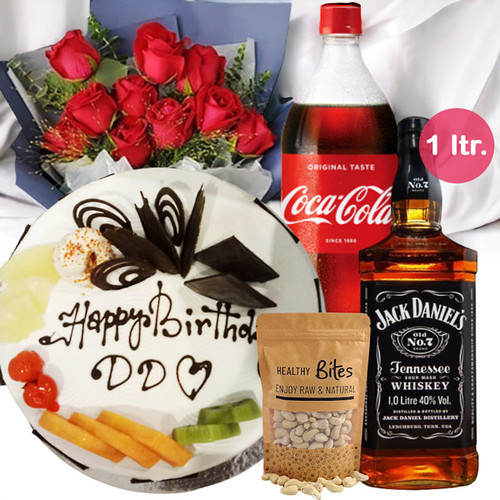 Coca-cola With Whisky, Cake, Cashew & Rose Bunch Hamper Coca-cola With Whisky, Cake, Cashew & Rose Bunch Hamper