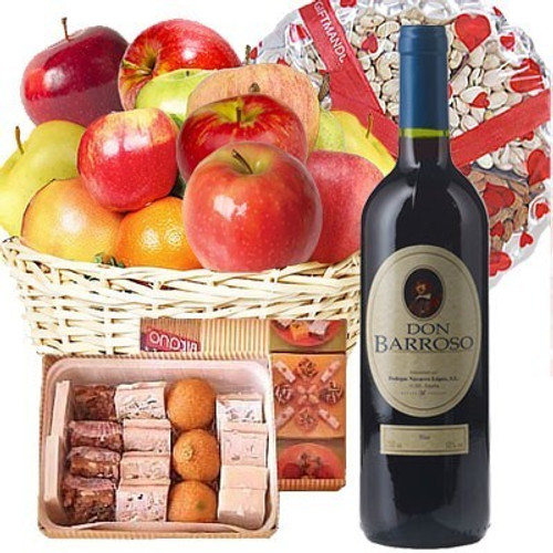 Fruits, Dry Nuts Tray, Wine and Mithai Pack