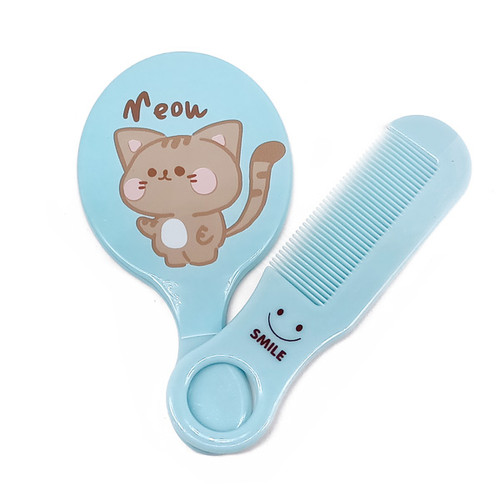 Cute Cat Printed Mirror & Comb Set - Blue
