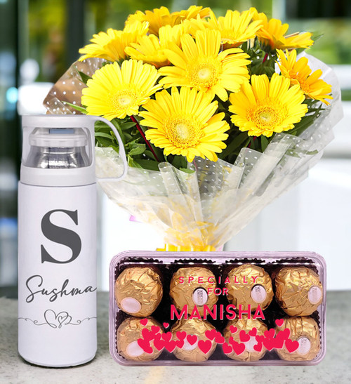 Yellow Gerbera Bunch With Personalised Tumbler & Chocolate