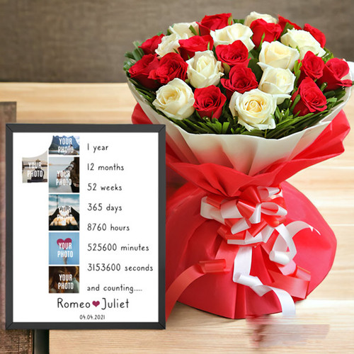1 Year Memories Personalised Photo Frame With Mix Rose Bunch