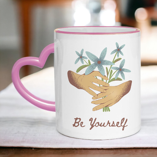Cute Kitty Printed Yellow Heart Handle Ceramic Mug