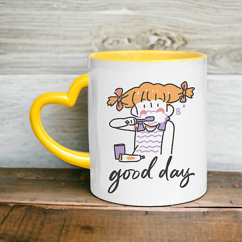 "Good Day" Printed Heart Handle Ceramic Mug