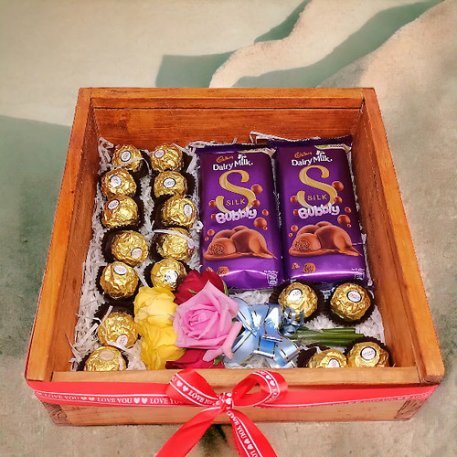 Rocher & Silk Chocolates Combo With Roses in Box