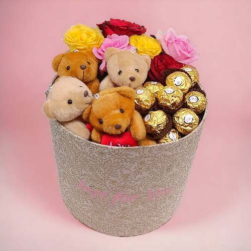 4 Cute Mini Teddy Bear With Ferrero & Mix Flowers