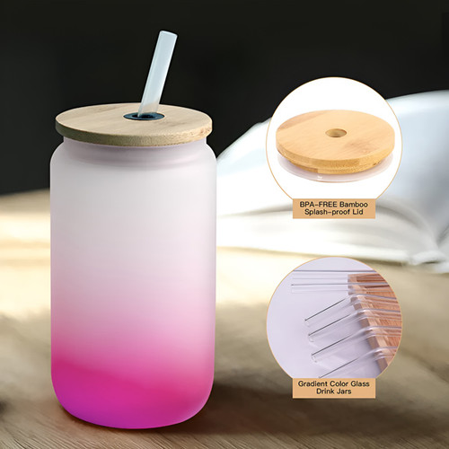 Green Color Frosted Can Glass with Straw & Wooden Lid