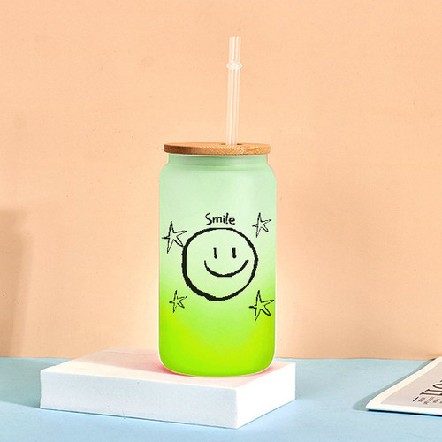Cute Smiley Printed Green Can Bottle with Straw & Lid
