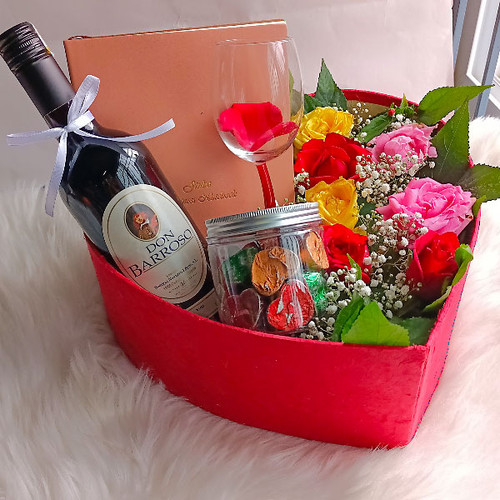 Luxury Roses With Red Wine, Diary & Chocolates in Heart Box