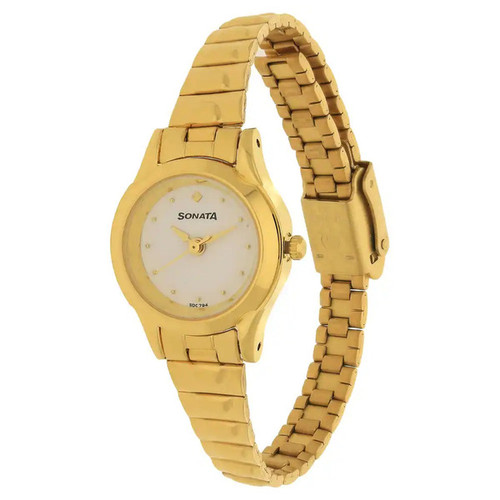 Sonata White Dial Golden Watch For Women-8098YM01