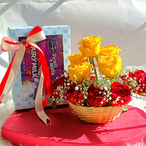 Flowers Of Basket With Chocolates Gift Box