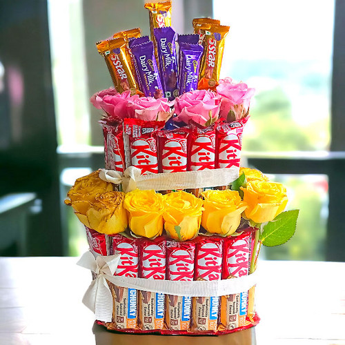 Chocolates Tower With Roses Bouquet Hamper
