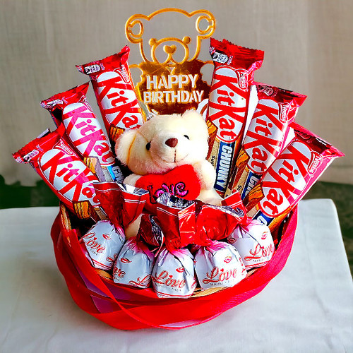 Birthday Gift Hamper With Teddy Bear & Full of Chocolates Basket Birthday Gift Hamper With Teddy Bear & Full of Chocolates Basket