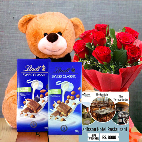 Gorgeous Rose Bouquet with Chocolates, Teddy & Radisson Restaurant Voucher