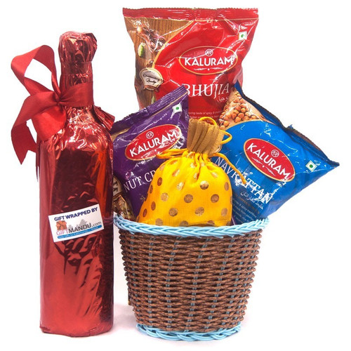 Sweet Red Wine with Kaluram's Namkeens, Dry nuts Pouch Mini basket hamper