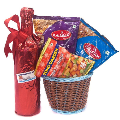 Assorted Namkeen Basket with Sweet Wine