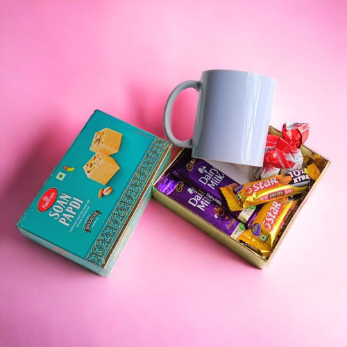 Soan Papdi With Chocolates & Personalised Mug Gift Hamper Soan Papdi With Chocolates & Personalised Mug Gift Hamper